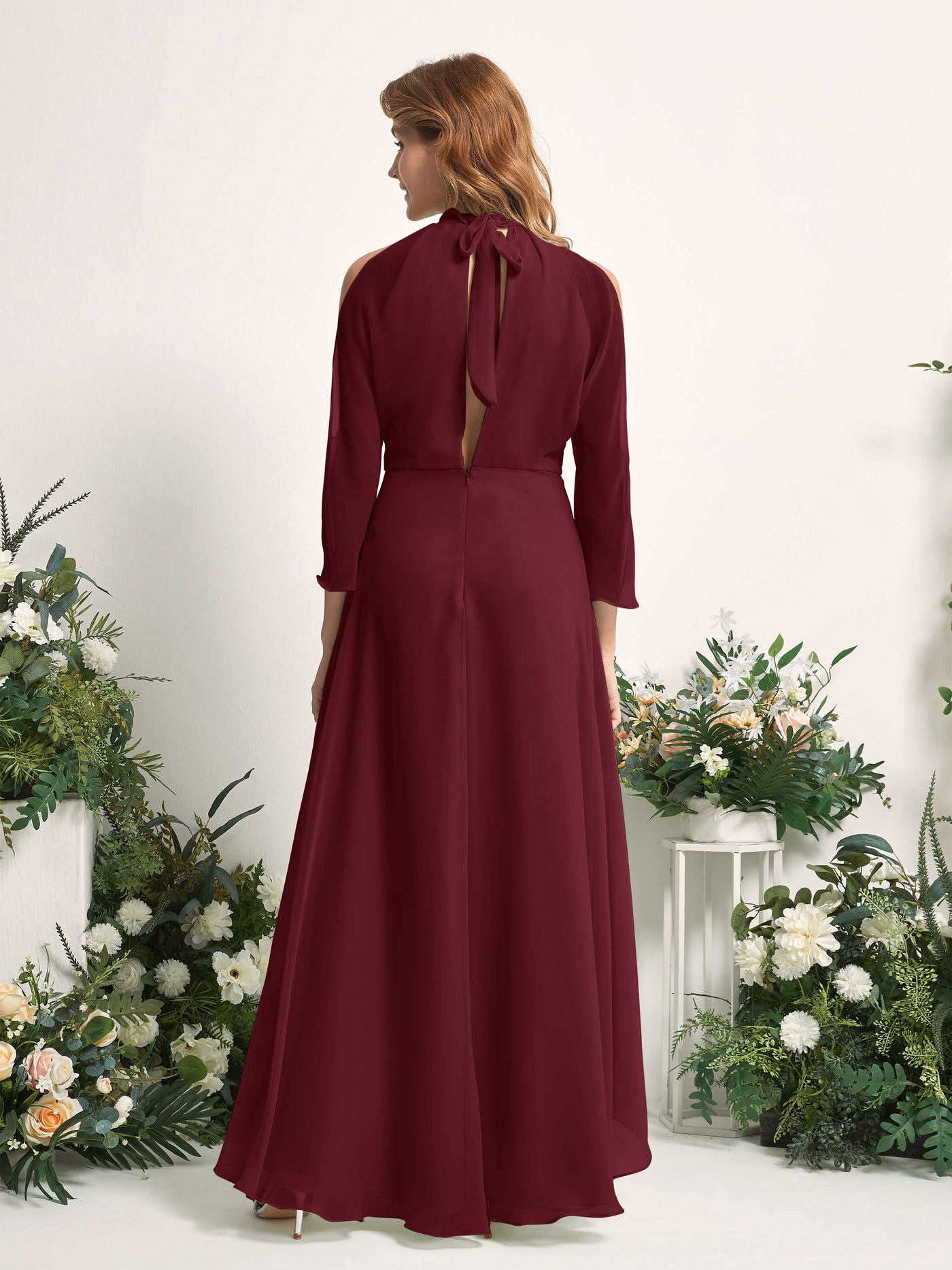 Carlyna Vestido de dama de honor línea A cuello redondo hasta el suelo gasa Borgoña #color_borgo-a