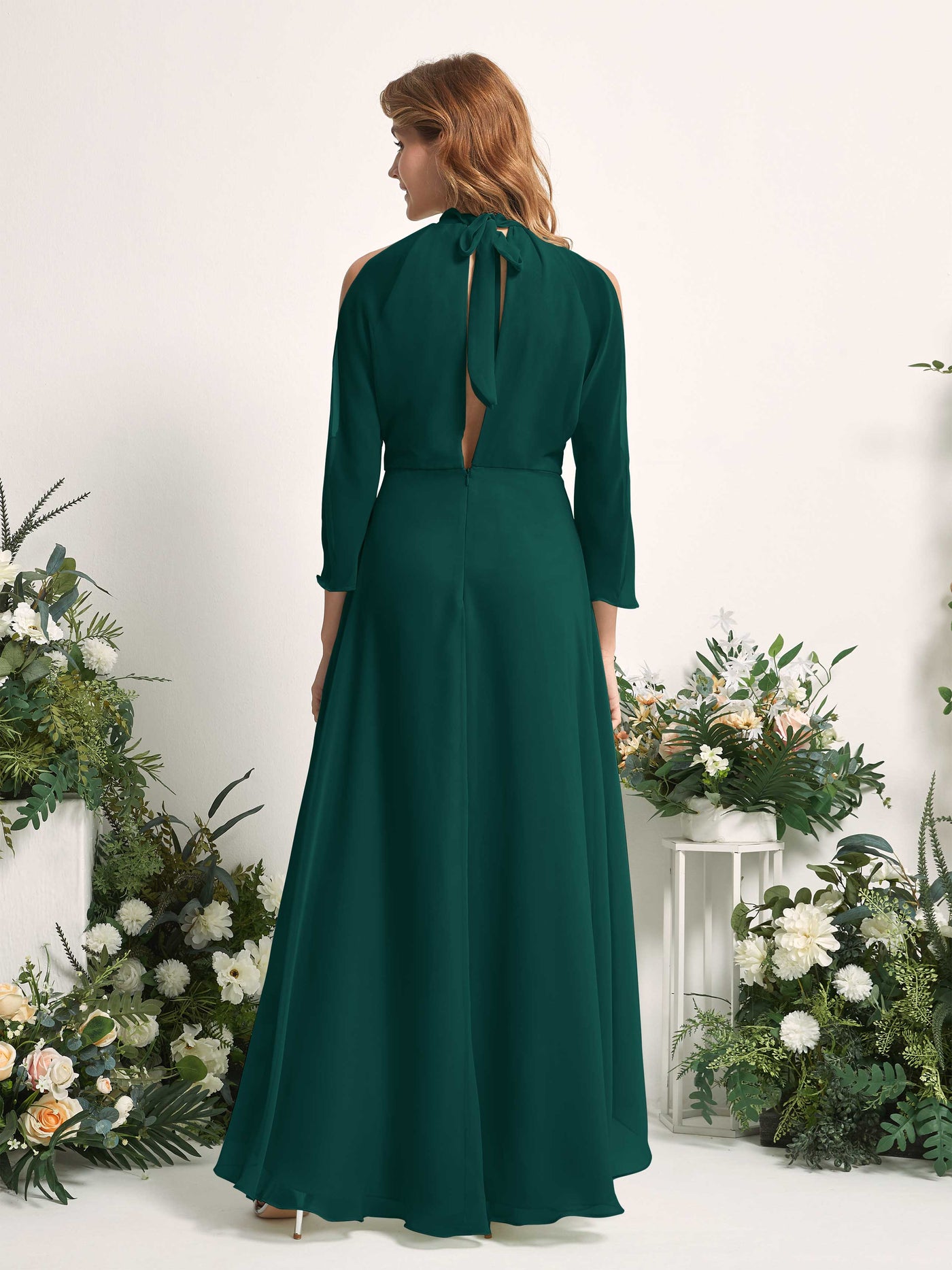 Carlyna Vestido de dama de honor línea A cuello redondo hasta el suelo gasa Esmeralda Oscuro #color_esmeralda-oscuro