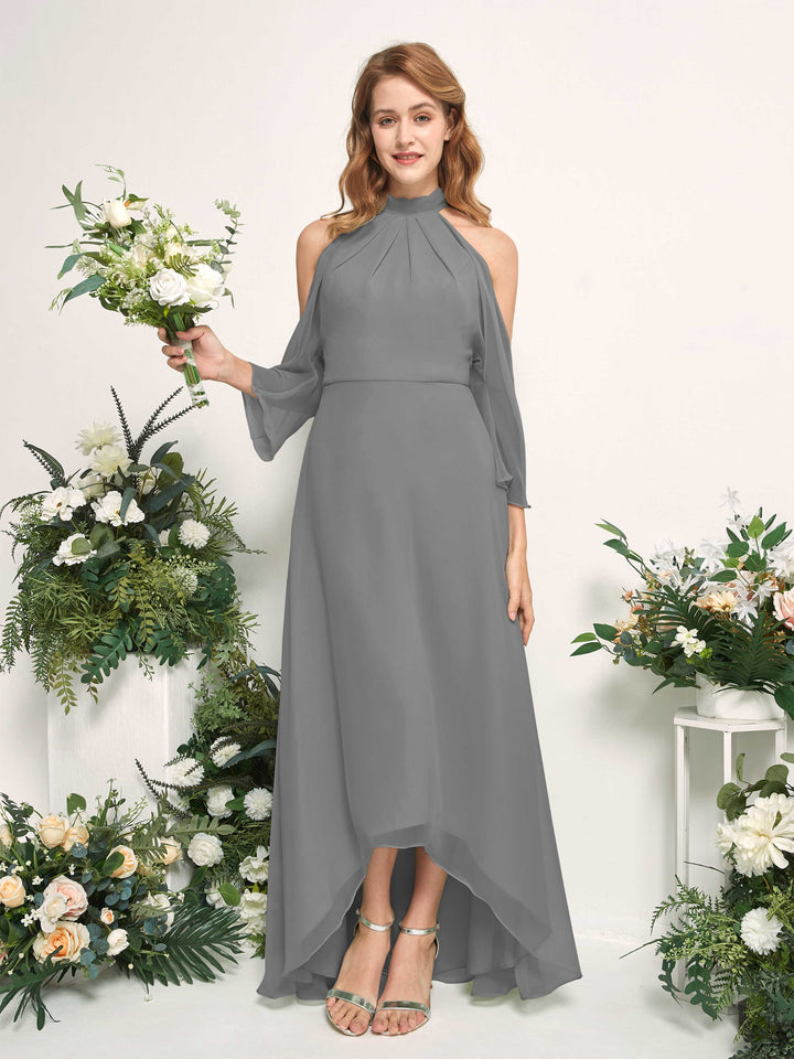Carlyna Vestido de dama de honor línea A cuello redondo hasta el suelo gasa Gris Acero 