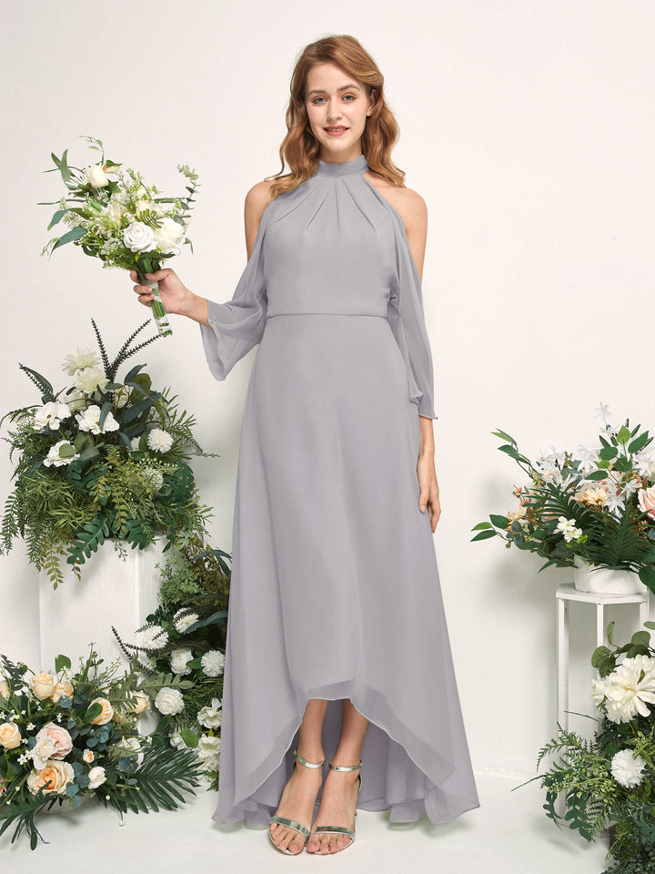 Carlyna Vestido de dama de honor línea A cuello redondo hasta el suelo gasa Gris Paloma 