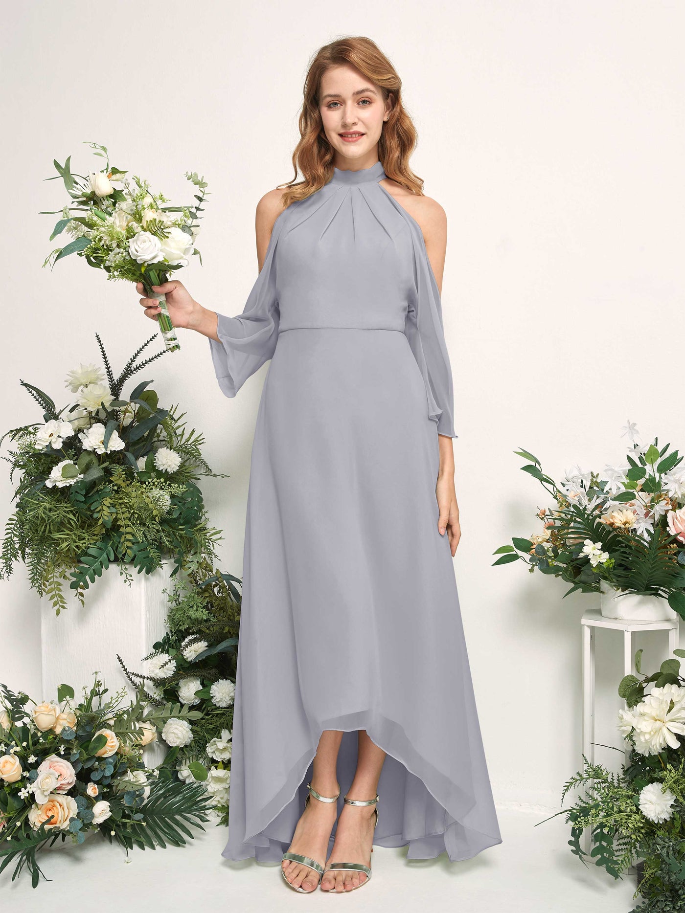 Carlyna Vestido de dama de honor línea A cuello redondo hasta el suelo gasa Lavanda Viejo #color_lavanda-viejo