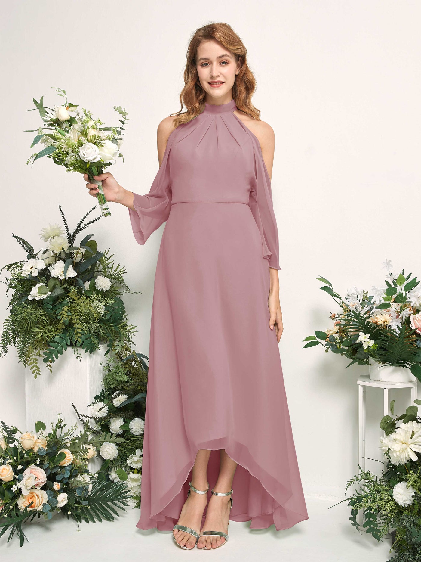Carlyna Vestido de dama de honor línea A cuello redondo hasta el suelo gasa Malva Clásico #color_malva-cl-sico