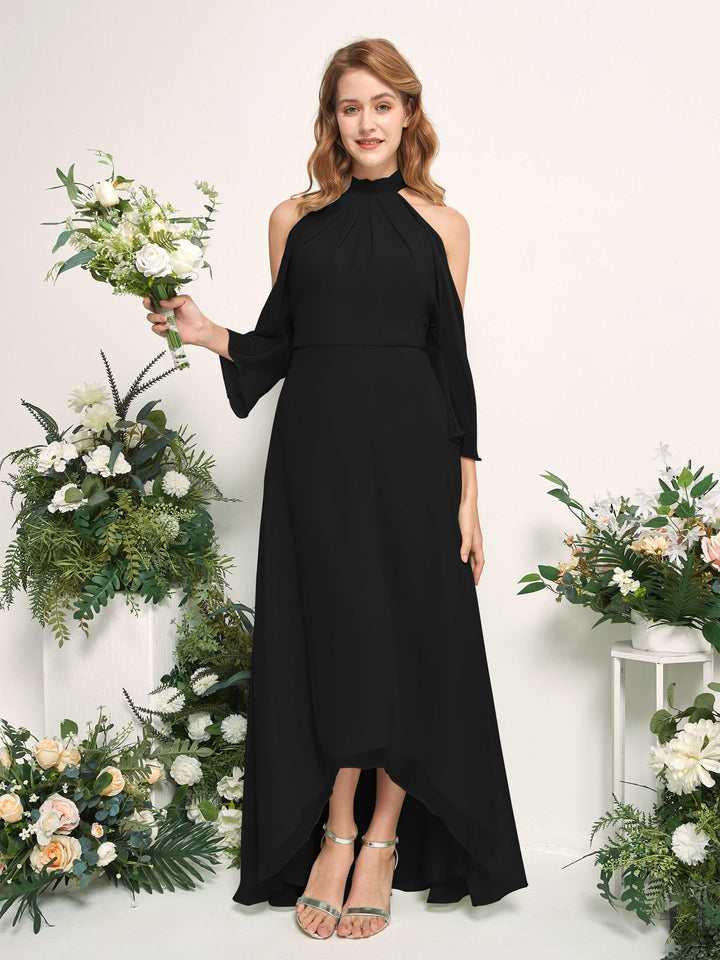 Carlyna Vestido de dama de honor línea A cuello redondo hasta el suelo gasa Negro 