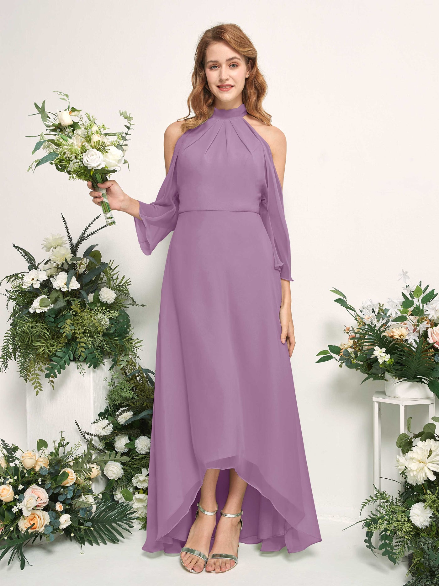 Carlyna Vestido de dama de honor línea A cuello redondo hasta el suelo gasa Niebla Orquídea #color_niebla-orqu-dea