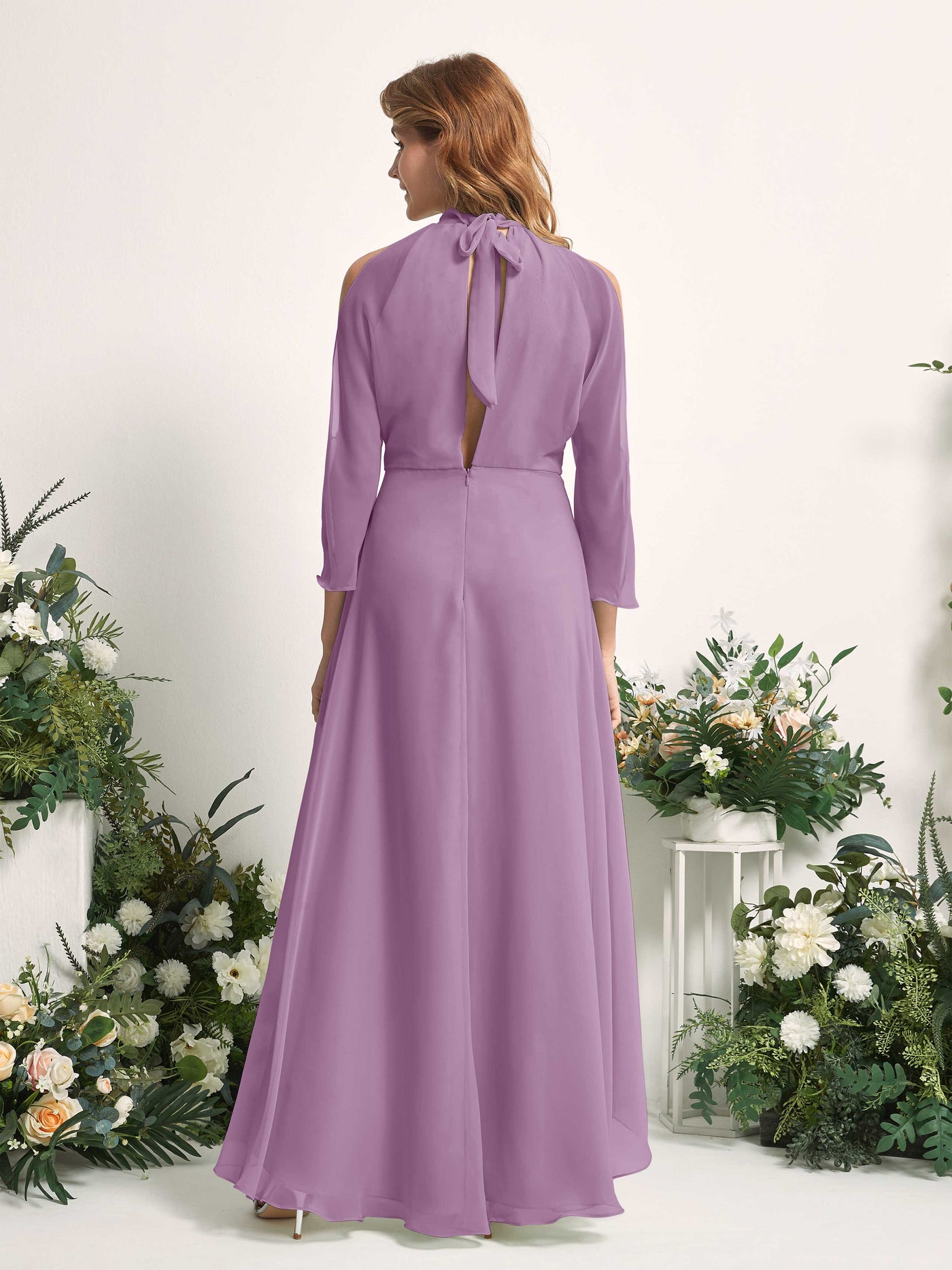Carlyna Vestido de dama de honor línea A cuello redondo hasta el suelo gasa Niebla Orquídea #color_niebla-orqu-dea
