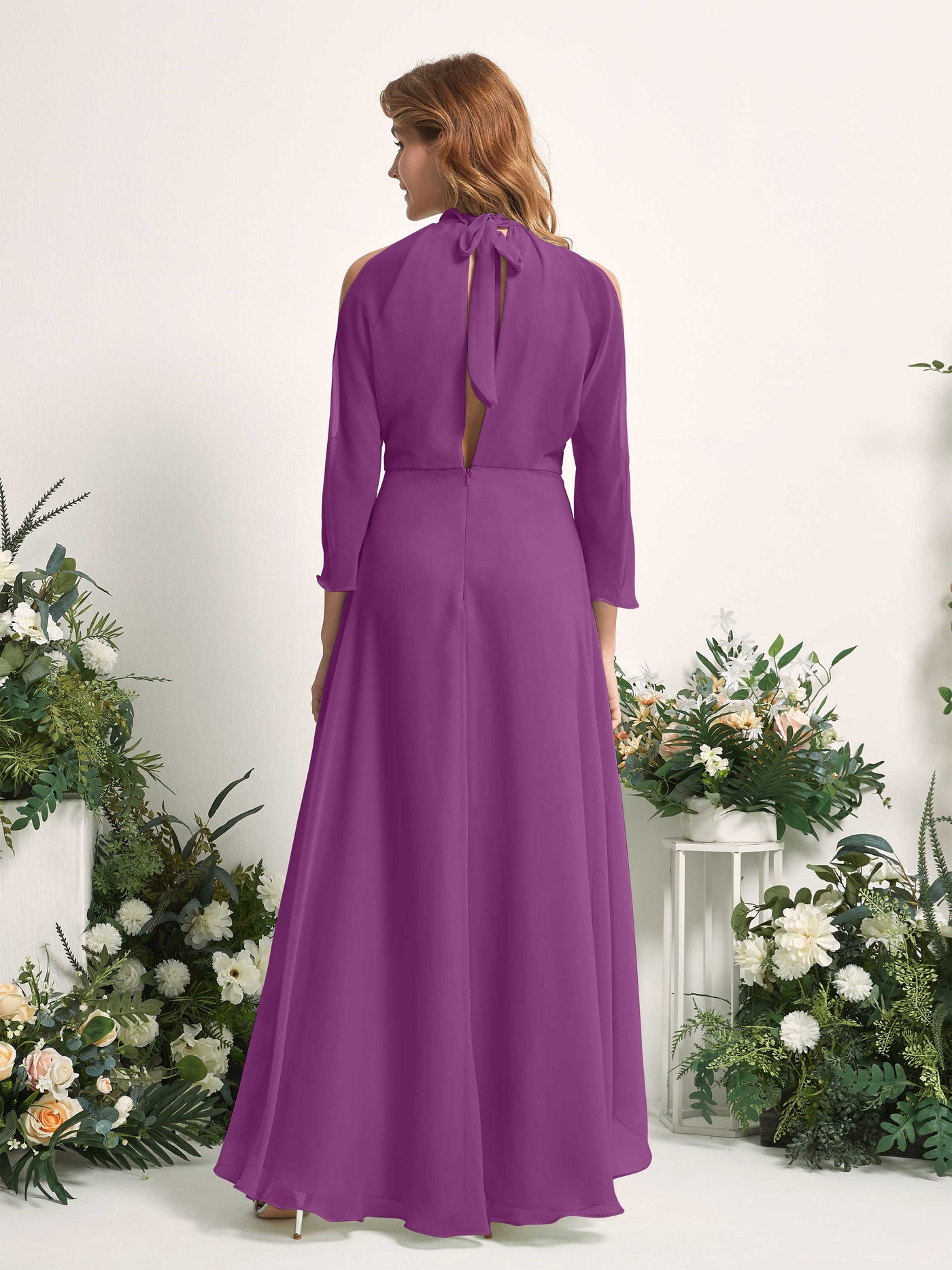 Carlyna Vestido de dama de honor línea A cuello redondo hasta el suelo gasa Púrpura #color_p-rpura