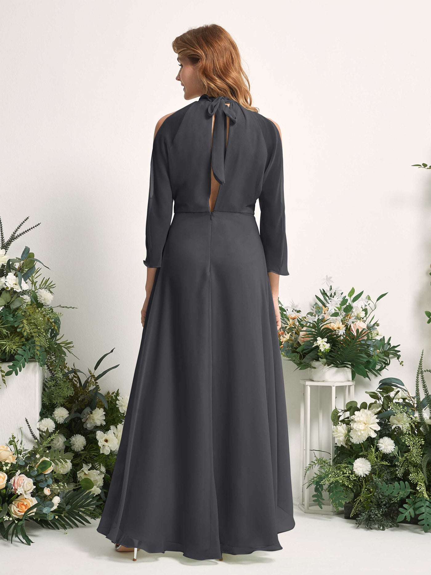 Carlyna Vestido de dama de honor línea A cuello redondo hasta el suelo gasa Peltre #color_peltre