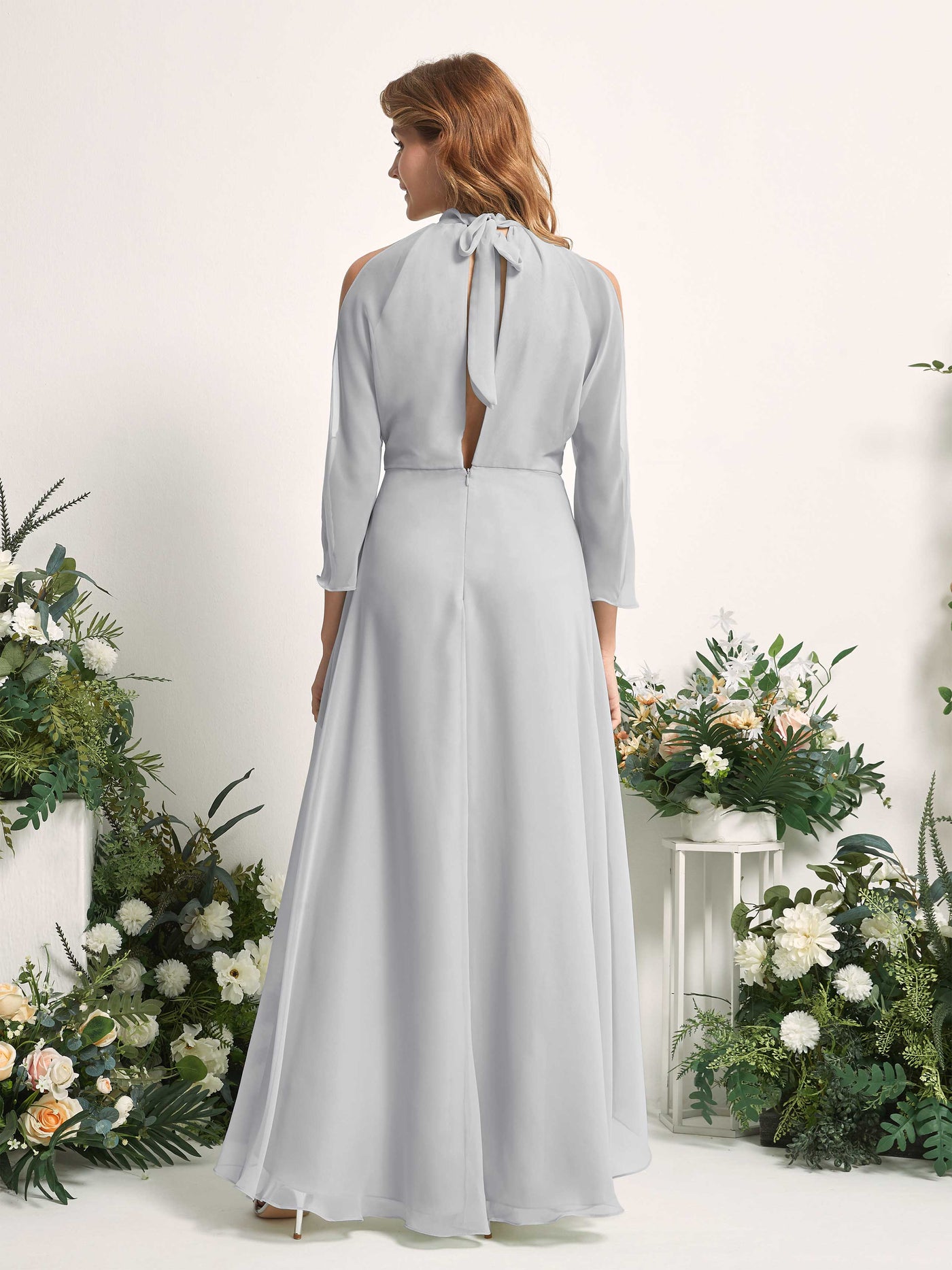 Carlyna Vestido de dama de honor línea A cuello redondo hasta el suelo gasa Plata #color_plata