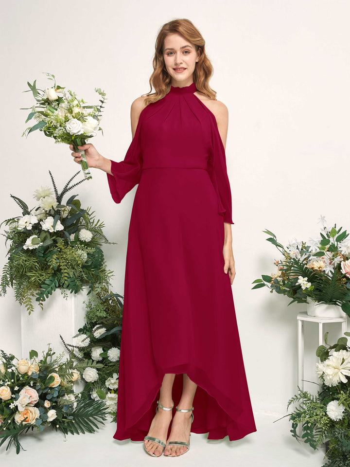 Carlyna Vestido de dama de honor línea A cuello redondo hasta el suelo gasa Rojo Bufón 