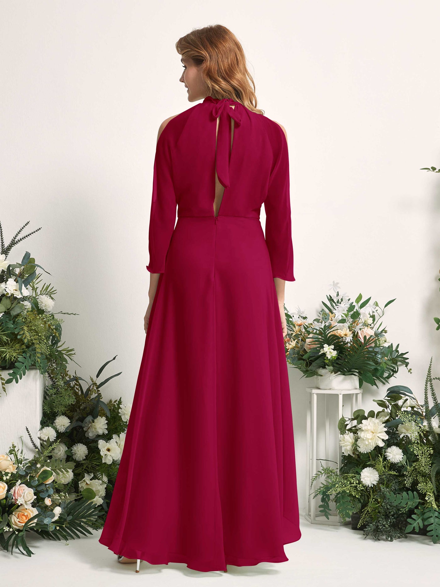 Carlyna Vestido de dama de honor línea A cuello redondo hasta el suelo gasa Rojo Bufón #color_rojo-buf-n