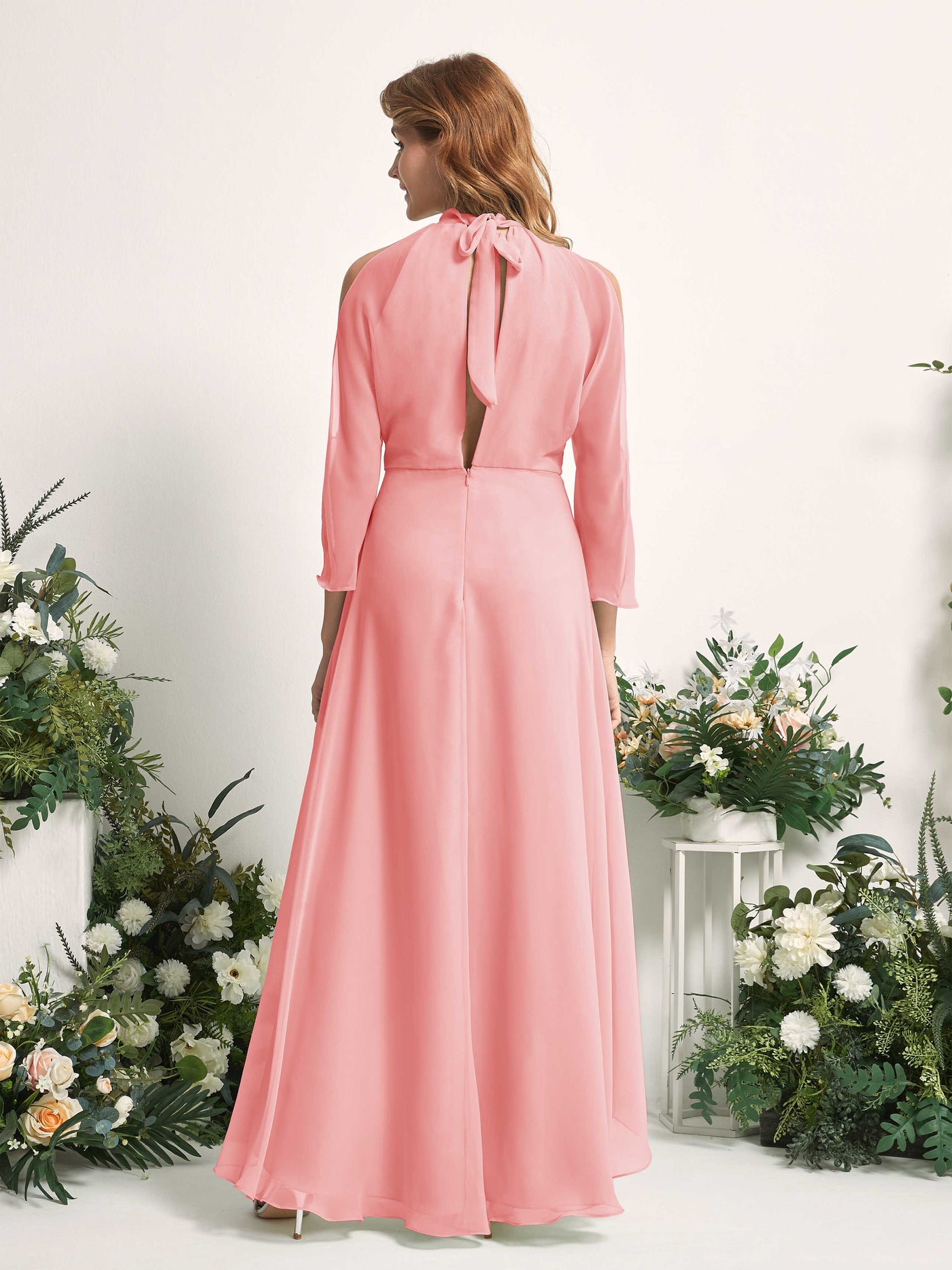 Carlyna Vestido de dama de honor línea A cuello redondo hasta el suelo gasa Rosa Ballet #color_rosa-ballet