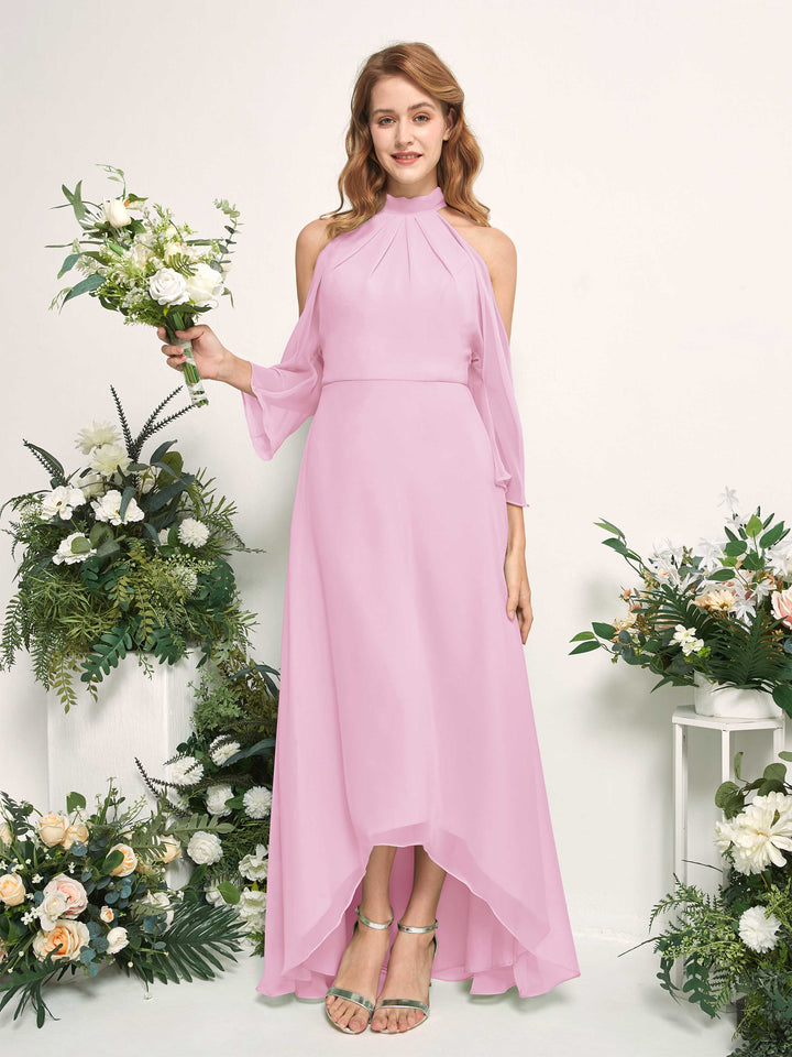 Carlyna Vestido de dama de honor línea A cuello redondo hasta el suelo gasa Rosa Caramelo 