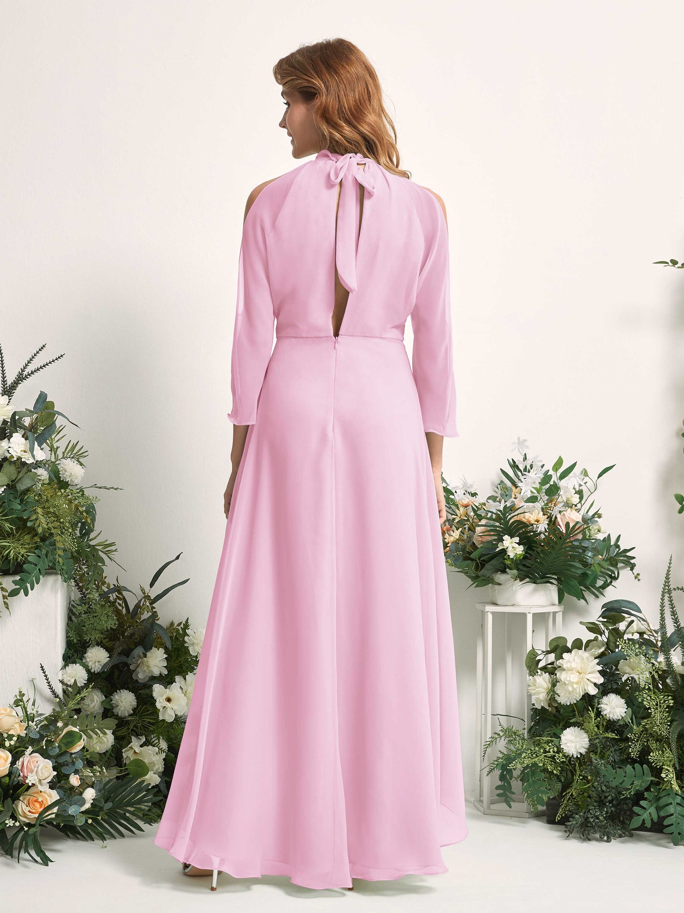 Carlyna Vestido de dama de honor línea A cuello redondo hasta el suelo gasa Rosa Caramelo #color_rosa-caramelo
