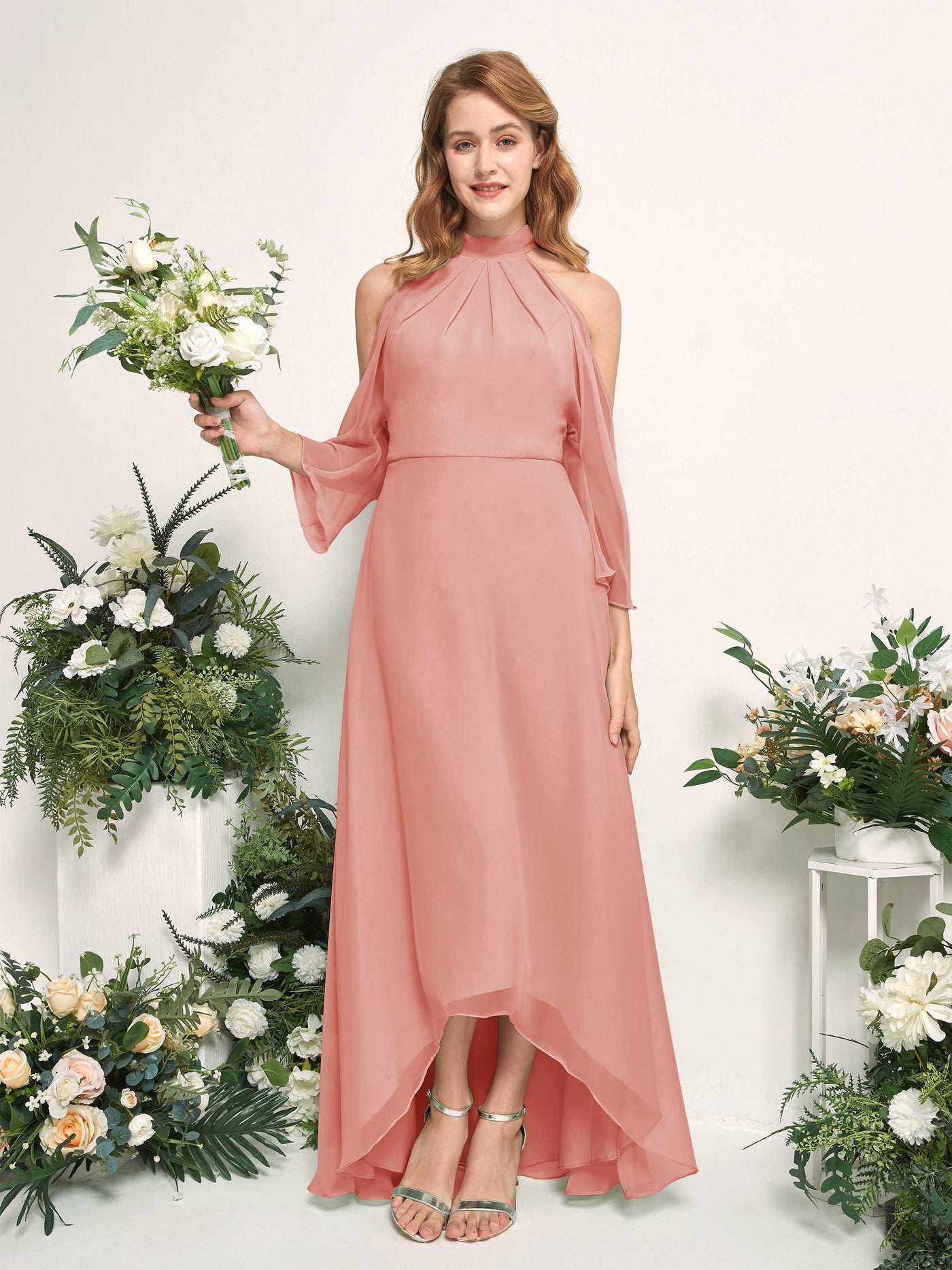 Carlyna Vestido de dama de honor línea A cuello redondo hasta el suelo gasa Rosa Champán #color_rosa-champ-n