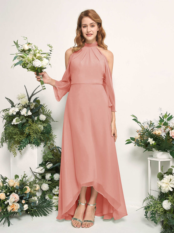 Carlyna Vestido de dama de honor línea A cuello redondo hasta el suelo gasa Rosa Champán 