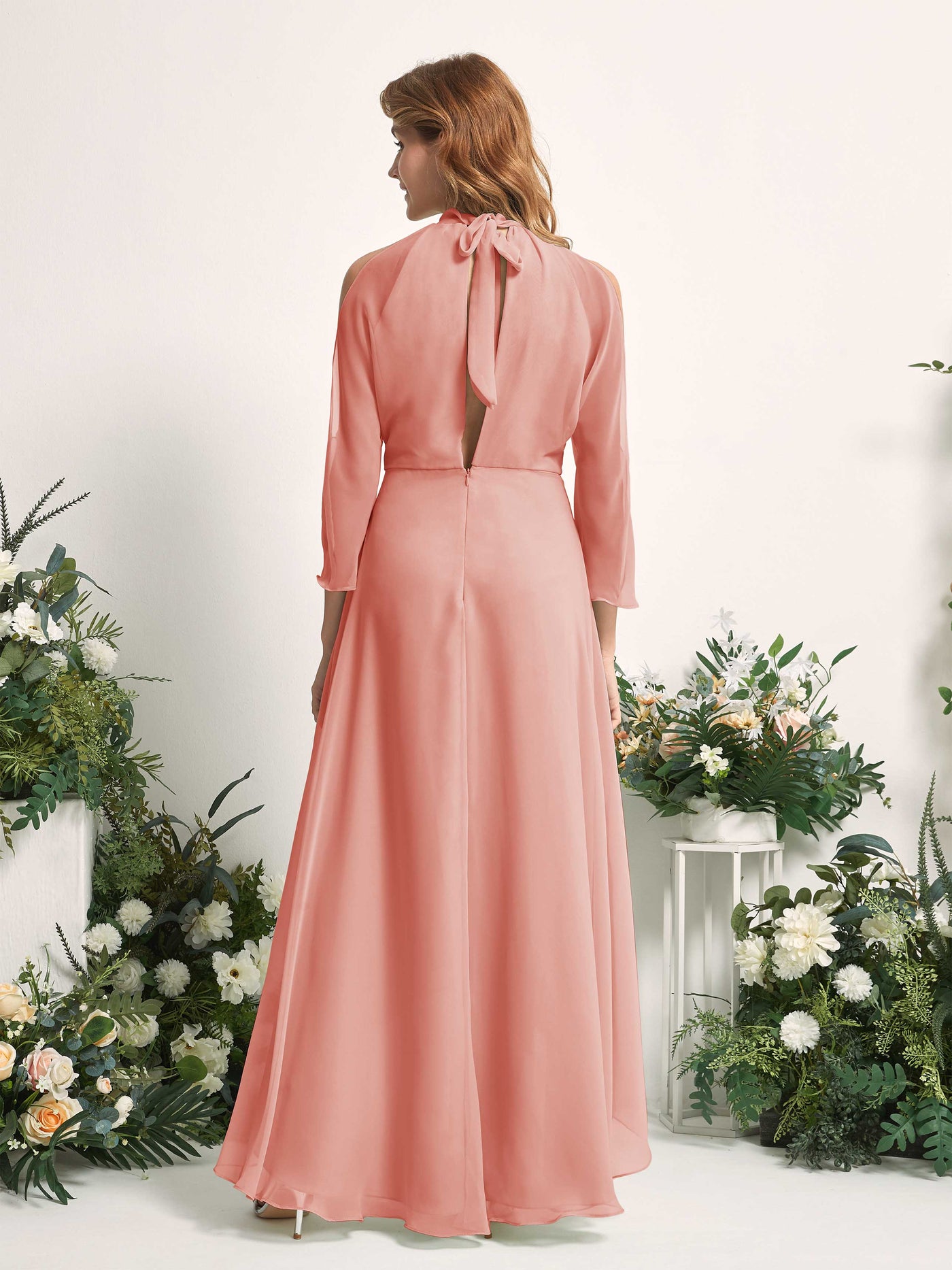 Carlyna Vestido de dama de honor línea A cuello redondo hasta el suelo gasa Rosa Champán #color_rosa-champ-n