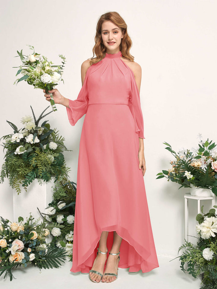 Carlyna Vestido de dama de honor línea A cuello redondo hasta el suelo gasa Rosa Coral 