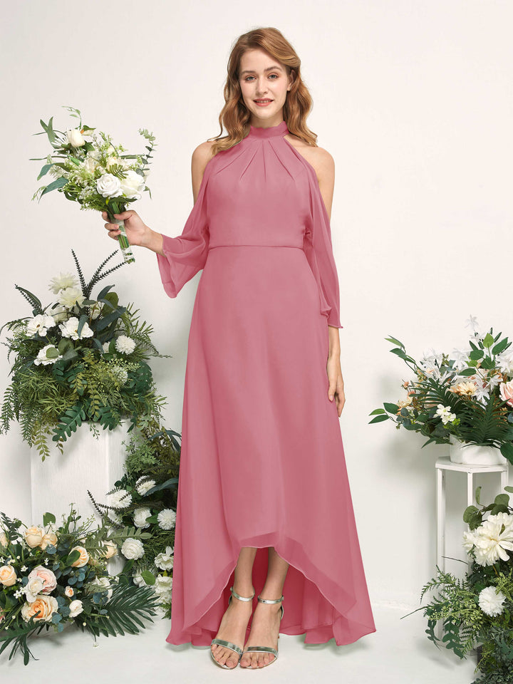 Carlyna Vestido de dama de honor línea A cuello redondo hasta el suelo gasa Rosa Del Desierto 