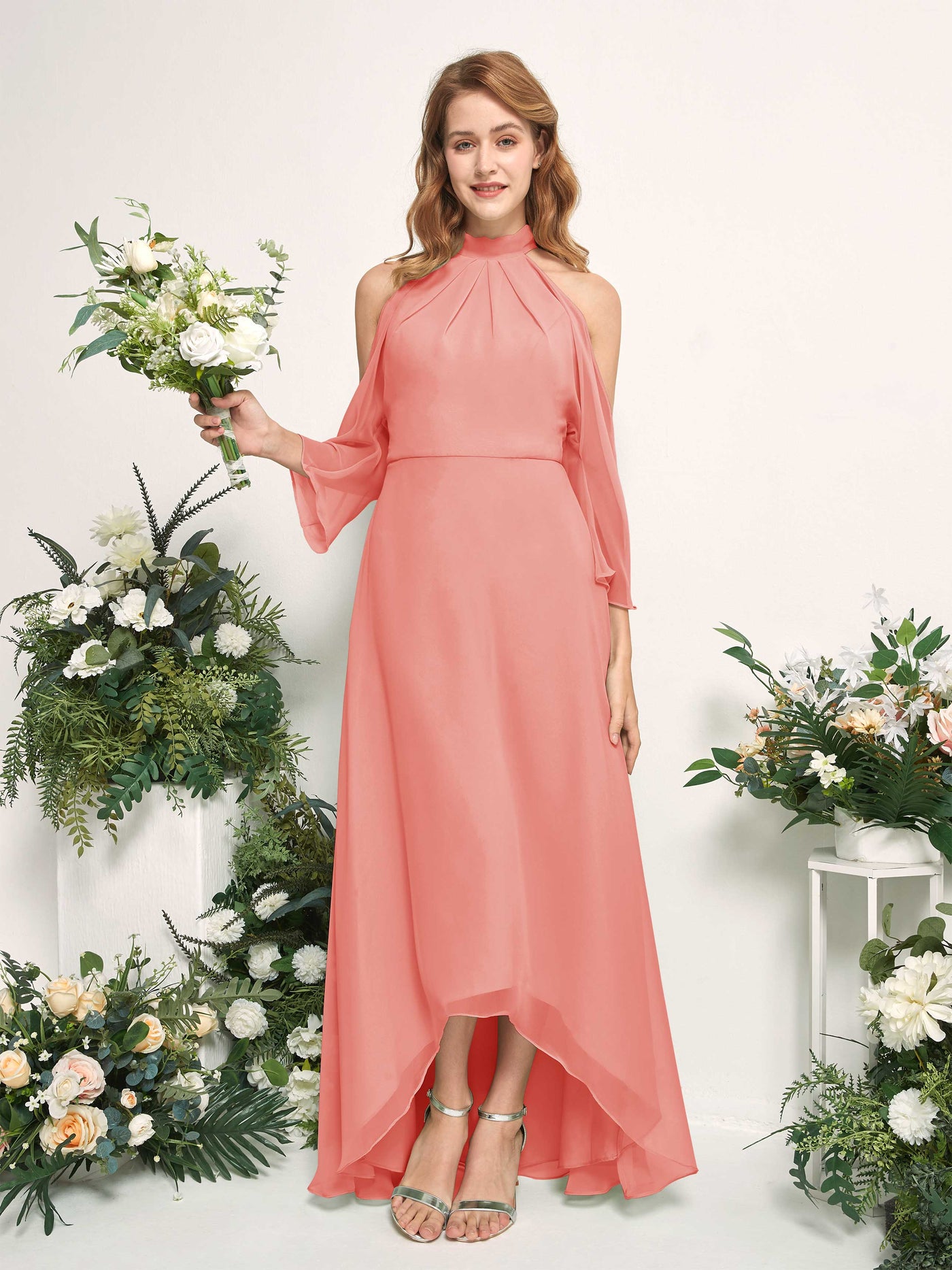 Carlyna Vestido de dama de honor línea A cuello redondo hasta el suelo gasa Rosa Melocotón #color_rosa-melocot-n