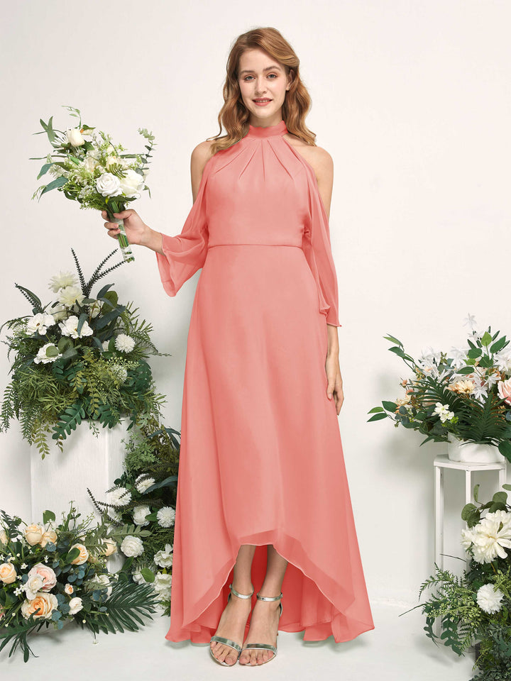 Carlyna Vestido de dama de honor línea A cuello redondo hasta el suelo gasa Rosa Melocotón 