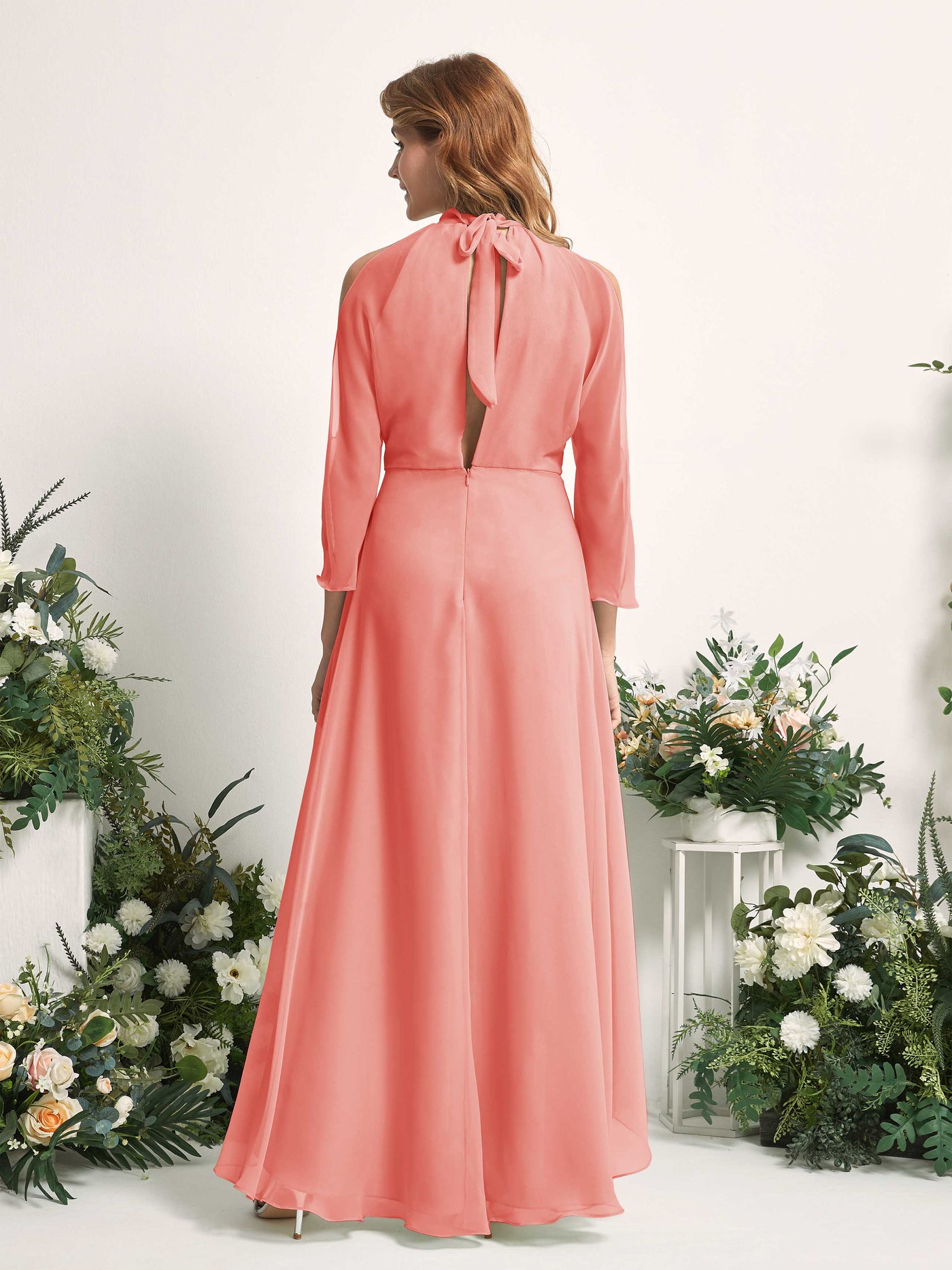 Carlyna Vestido de dama de honor línea A cuello redondo hasta el suelo gasa Rosa Melocotón #color_rosa-melocot-n