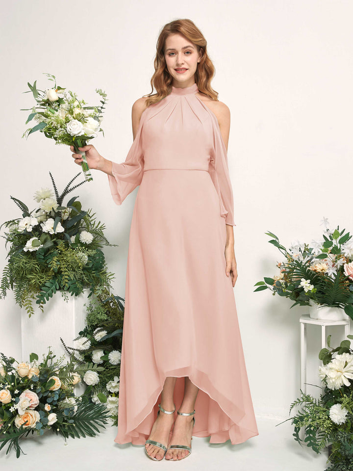 Carlyna Vestido de dama de honor línea A cuello redondo hasta el suelo gasa Rosa Perla 