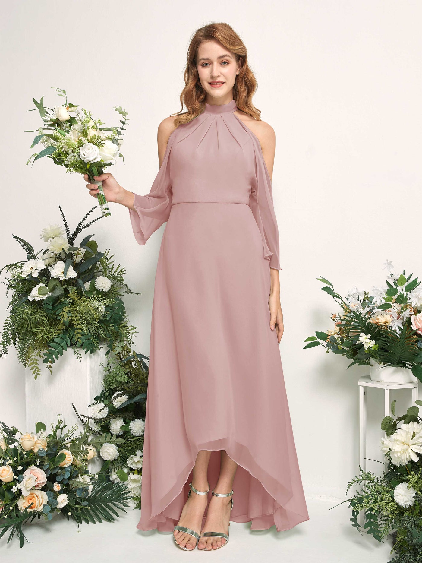 Carlyna Vestido de dama de honor línea A cuello redondo hasta el suelo gasa Rosa Polvorienta #color_rosa-polvorienta