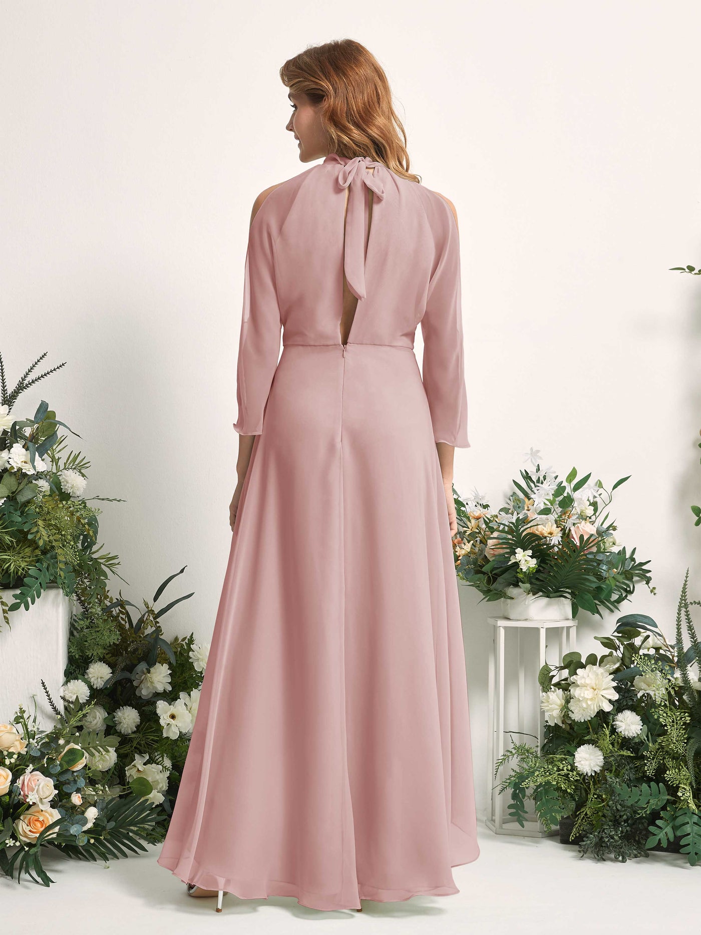 Carlyna Vestido de dama de honor línea A cuello redondo hasta el suelo gasa Rosa Polvorienta #color_rosa-polvorienta