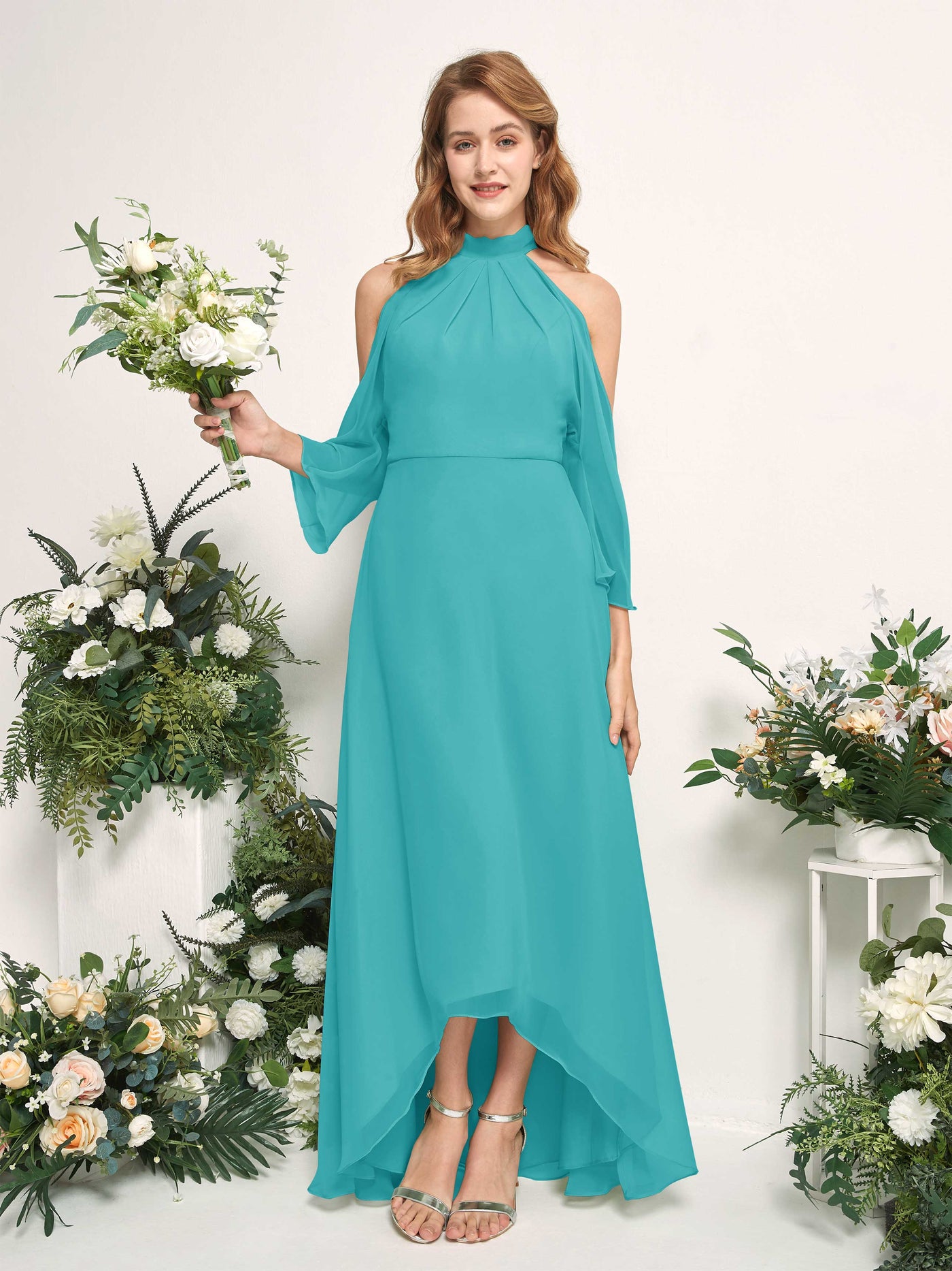 Carlyna Vestido de dama de honor línea A cuello redondo hasta el suelo gasa Turquesa #color_turquesa