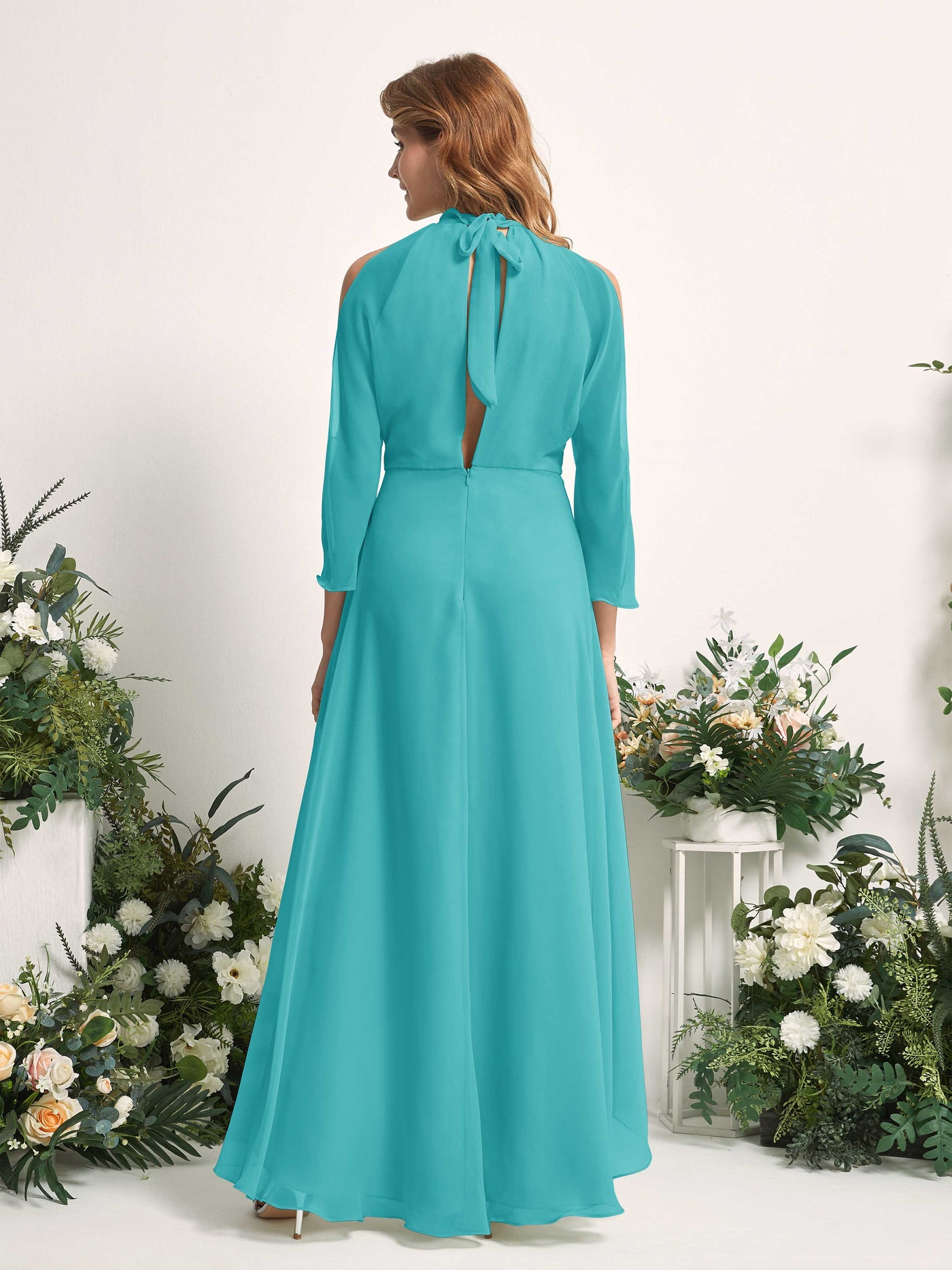 Carlyna Vestido de dama de honor línea A cuello redondo hasta el suelo gasa Turquesa #color_turquesa