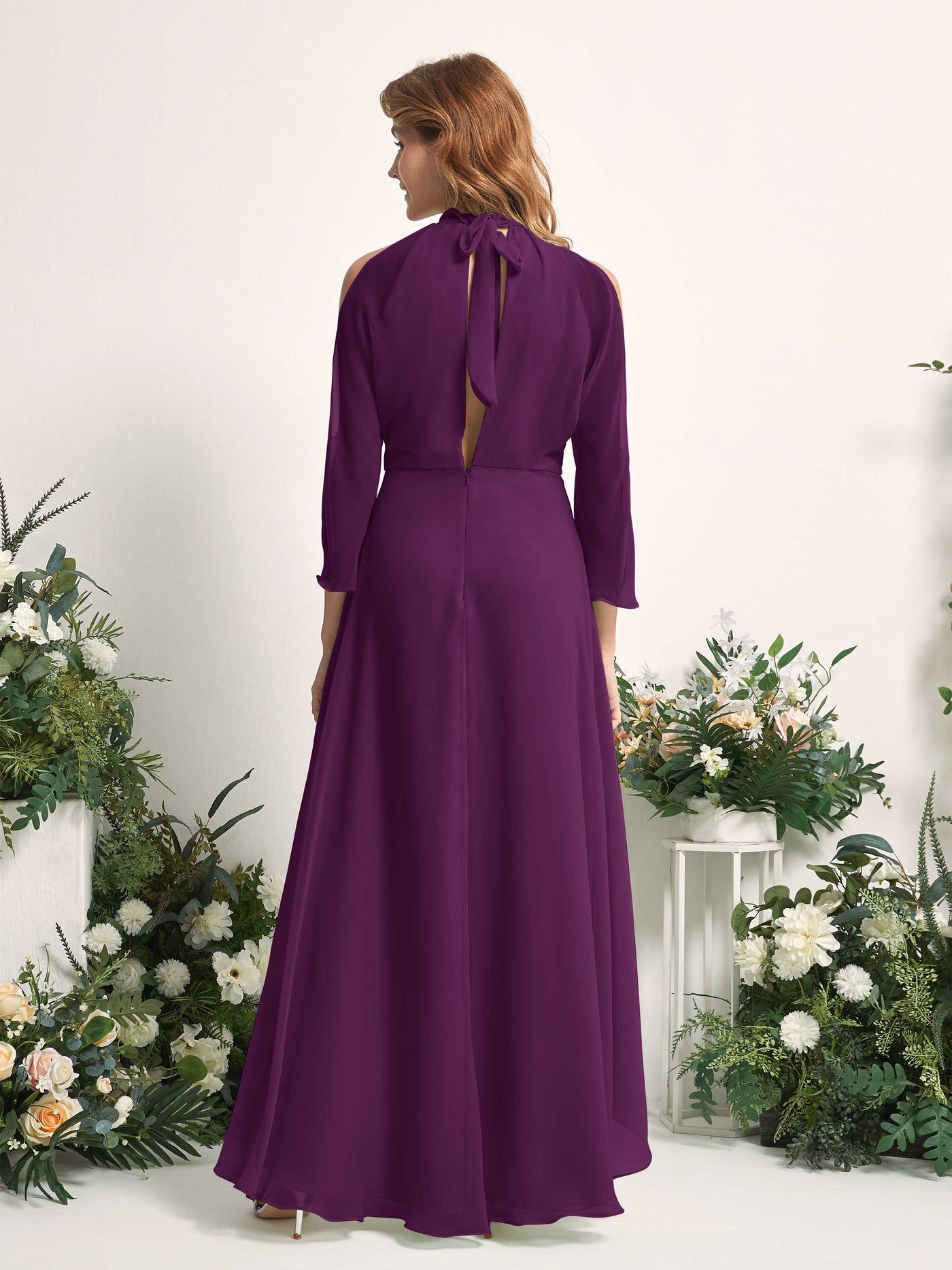 Carlyna Vestido de dama de honor línea A cuello redondo hasta el suelo gasa Uva #color_uva