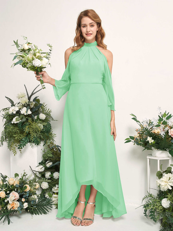 Carlyna Vestido de dama de honor línea A cuello redondo hasta el suelo gasa Verde Menta 