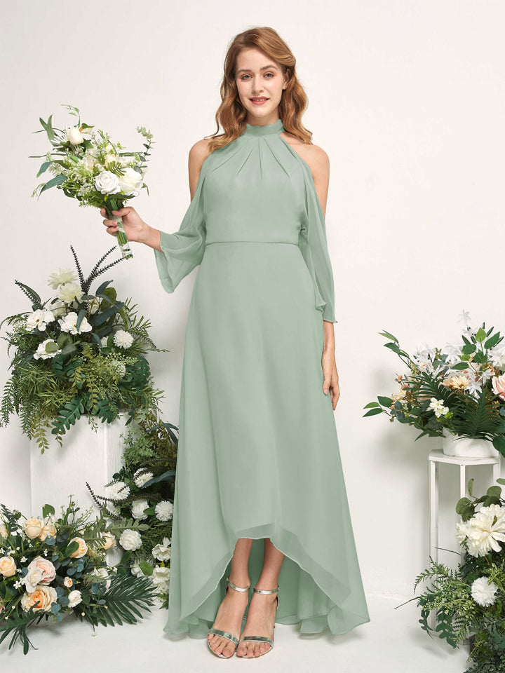 Carlyna Vestido de dama de honor línea A cuello redondo hasta el suelo gasa Verde Salvia 