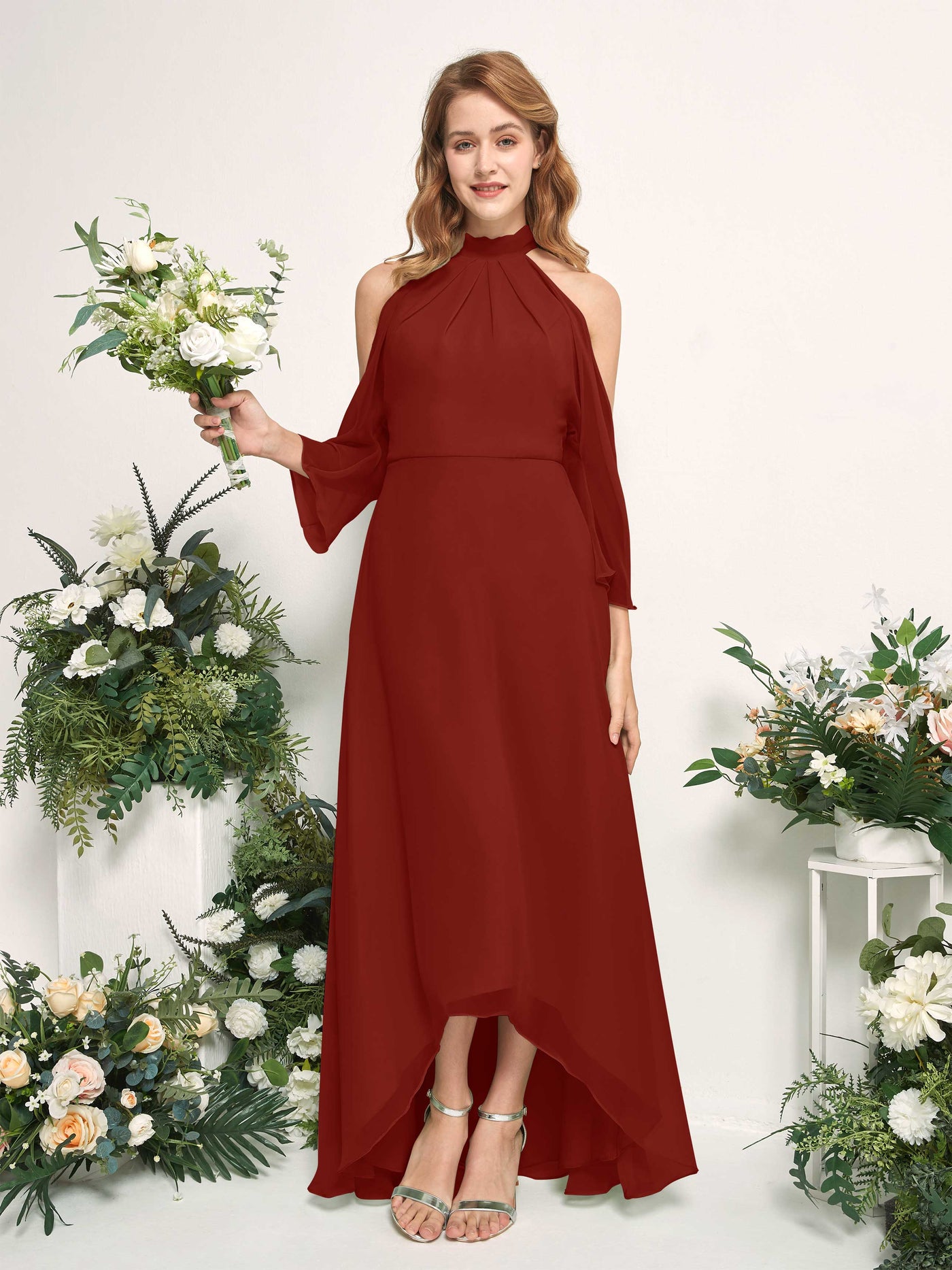 Carlyna Vestido de dama de honor línea A cuello redondo hasta el suelo gasa Óxido #color_xido