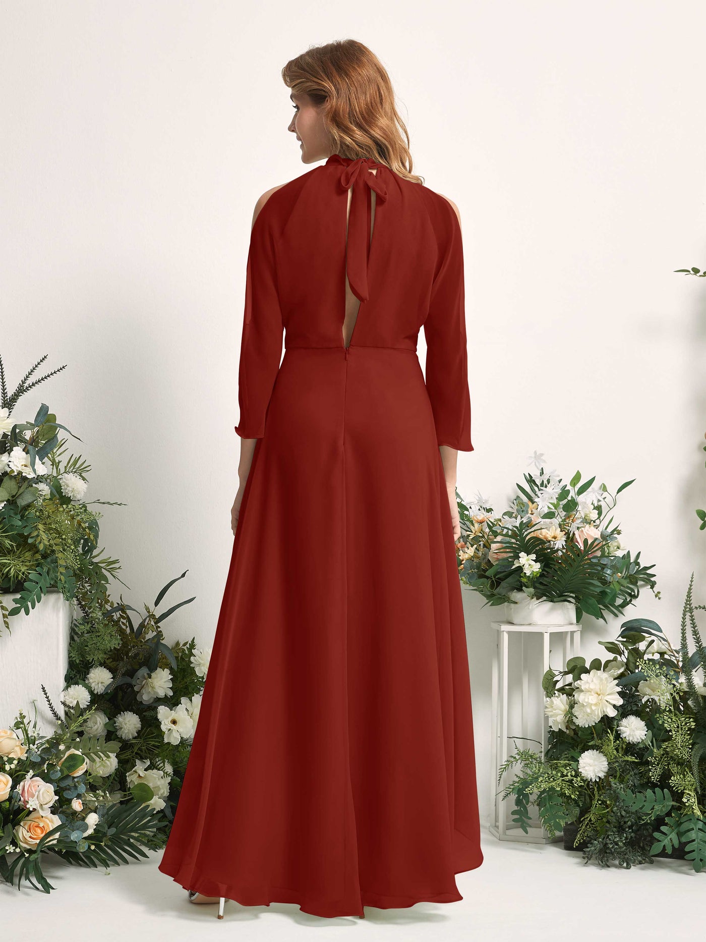 Carlyna Vestido de dama de honor línea A cuello redondo hasta el suelo gasa Óxido #color_xido