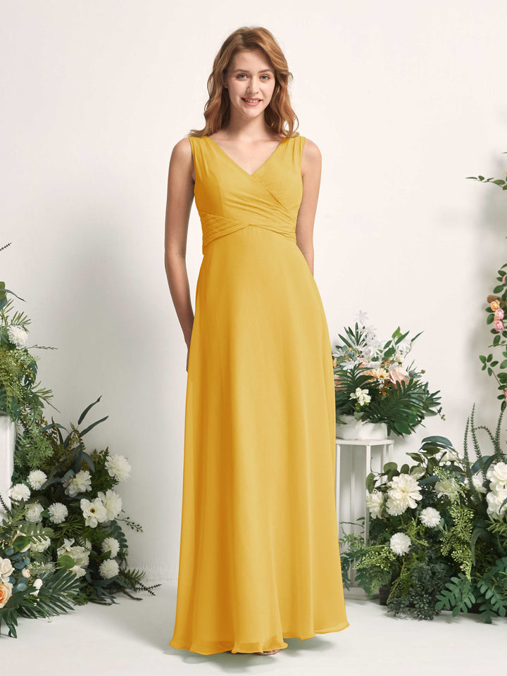Carlyna Vestido de dama de honor línea A escote en V hasta el suelo Amarillo Mostaza 