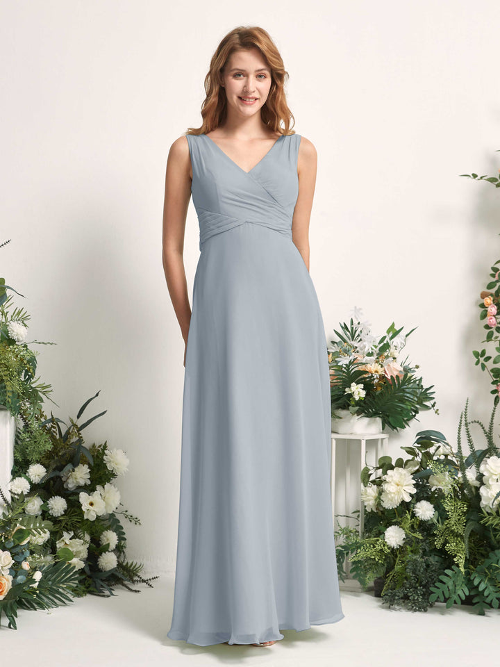 Carlyna Vestido de dama de honor línea A escote en V hasta el suelo Azul Empolvado Mejorado 