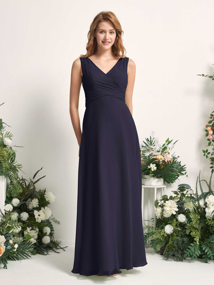 Carlyna Vestido de dama de honor línea A escote en V hasta el suelo Azul Marino Oscuro 