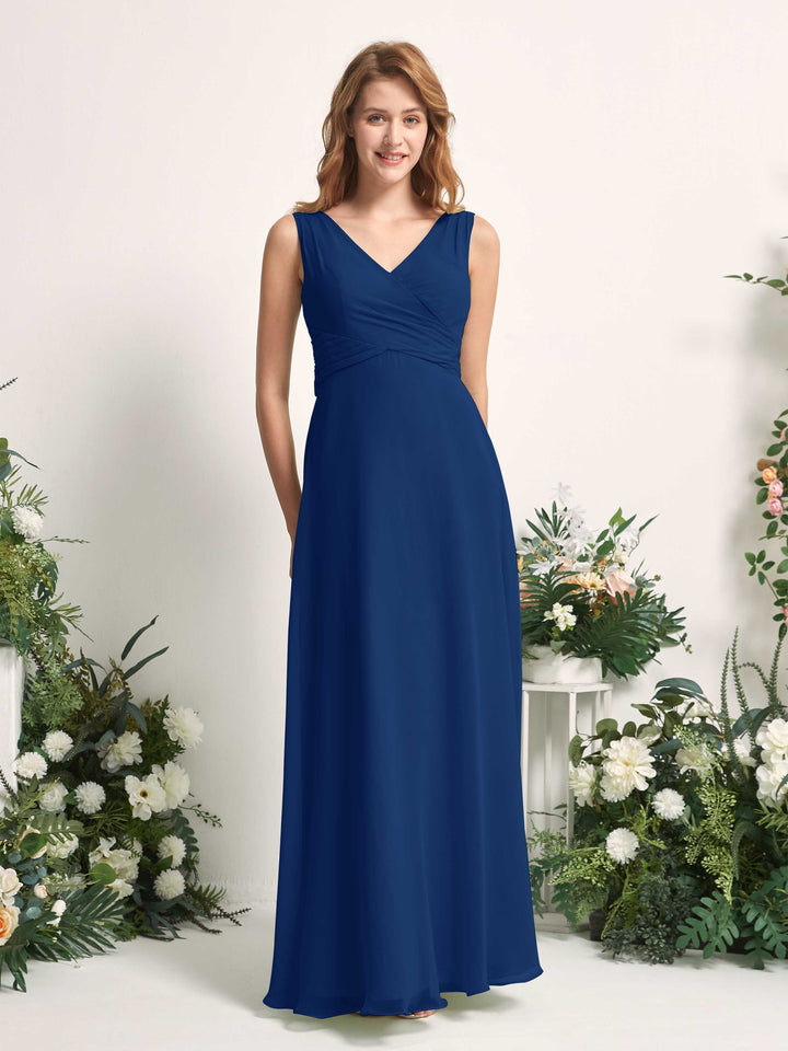 Carlyna Vestido de dama de honor línea A escote en V hasta el suelo Azul Real 