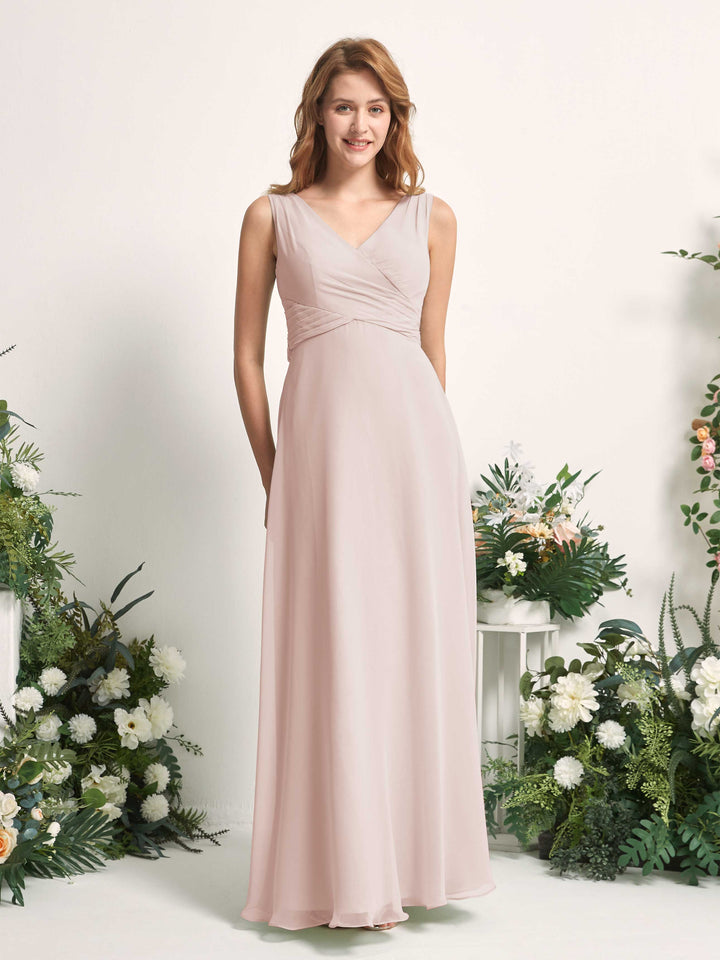 Carlyna Vestido de dama de honor línea A escote en V hasta el suelo Biscotti 