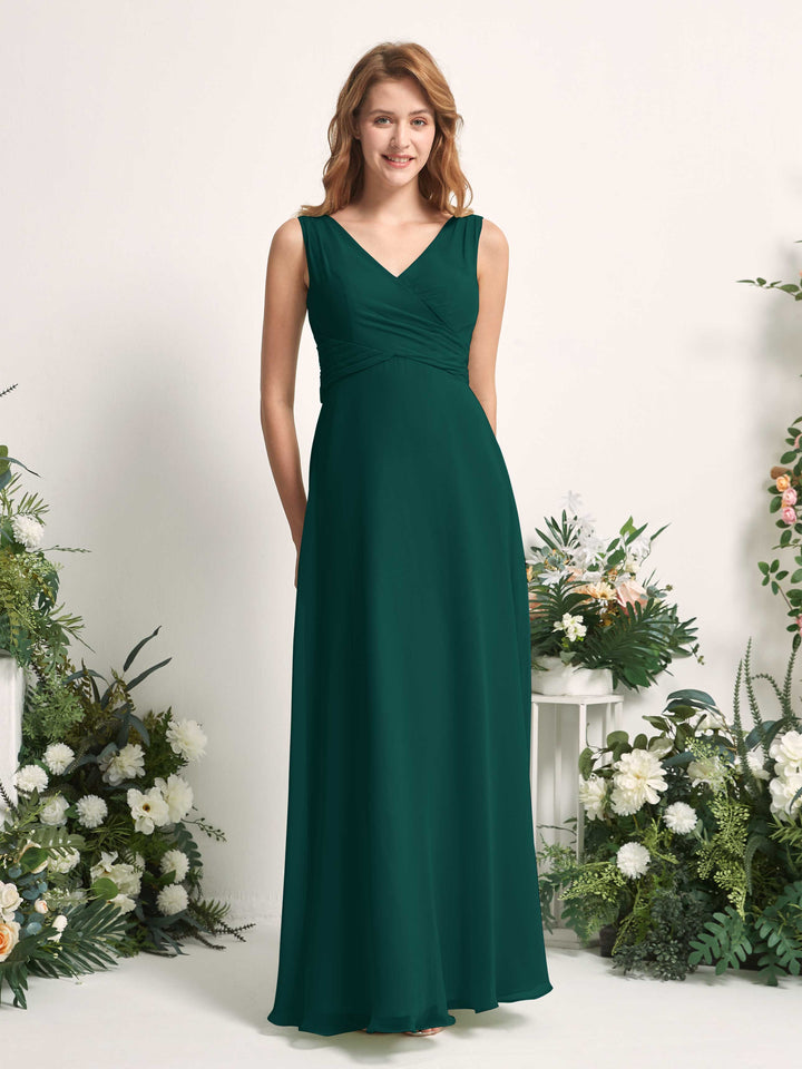 Carlyna Vestido de dama de honor línea A escote en V hasta el suelo Esmeralda Oscuro 