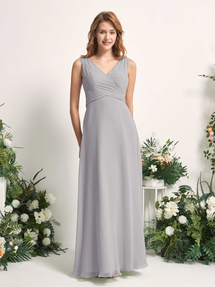 Carlyna Vestido de dama de honor línea A escote en V hasta el suelo Gris Paloma 