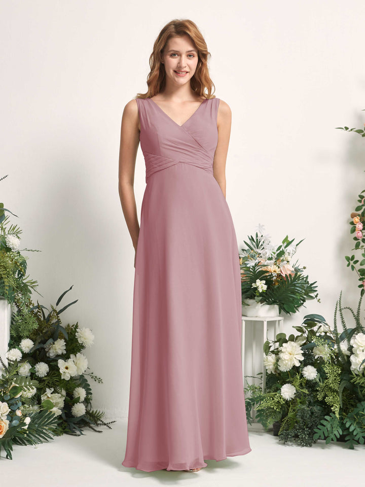 Carlyna Vestido de dama de honor línea A escote en V hasta el suelo Malva Clásico 