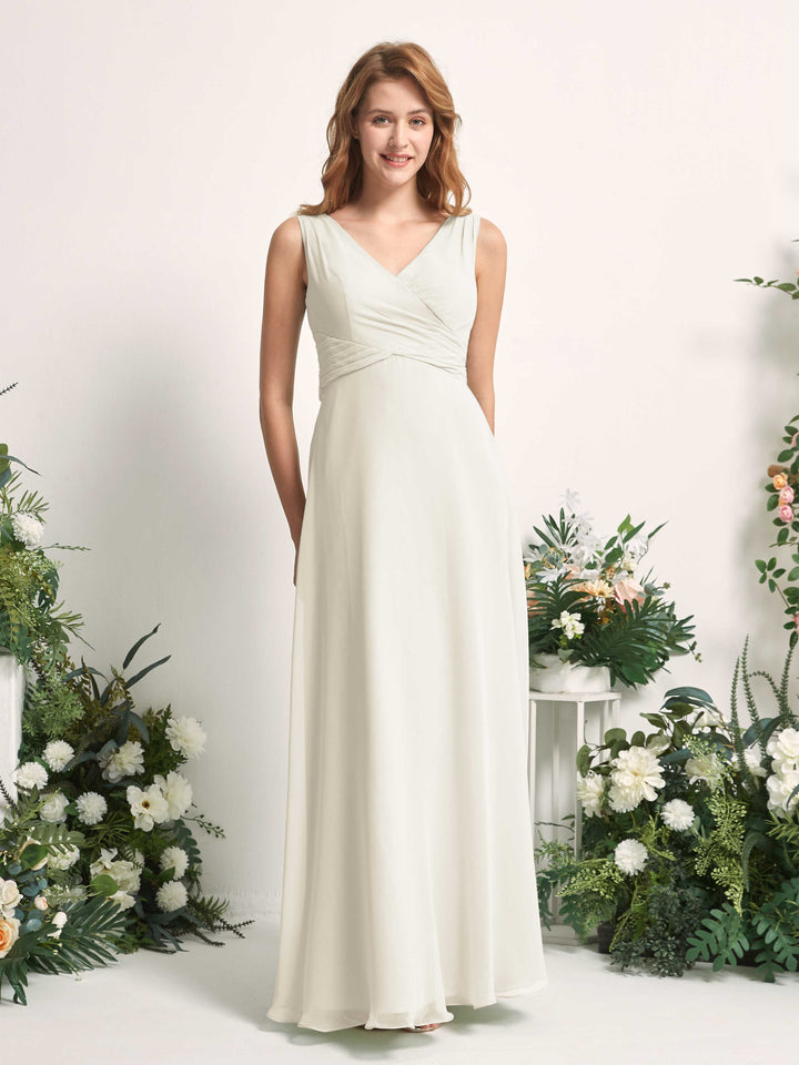 Carlyna Vestido de dama de honor línea A escote en V hasta el suelo Marfil 