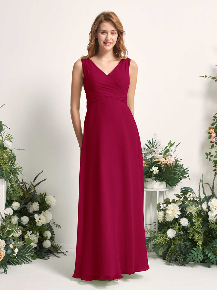 Carlyna Vestido de dama de honor línea A escote en V hasta el suelo Rojo Bufón 