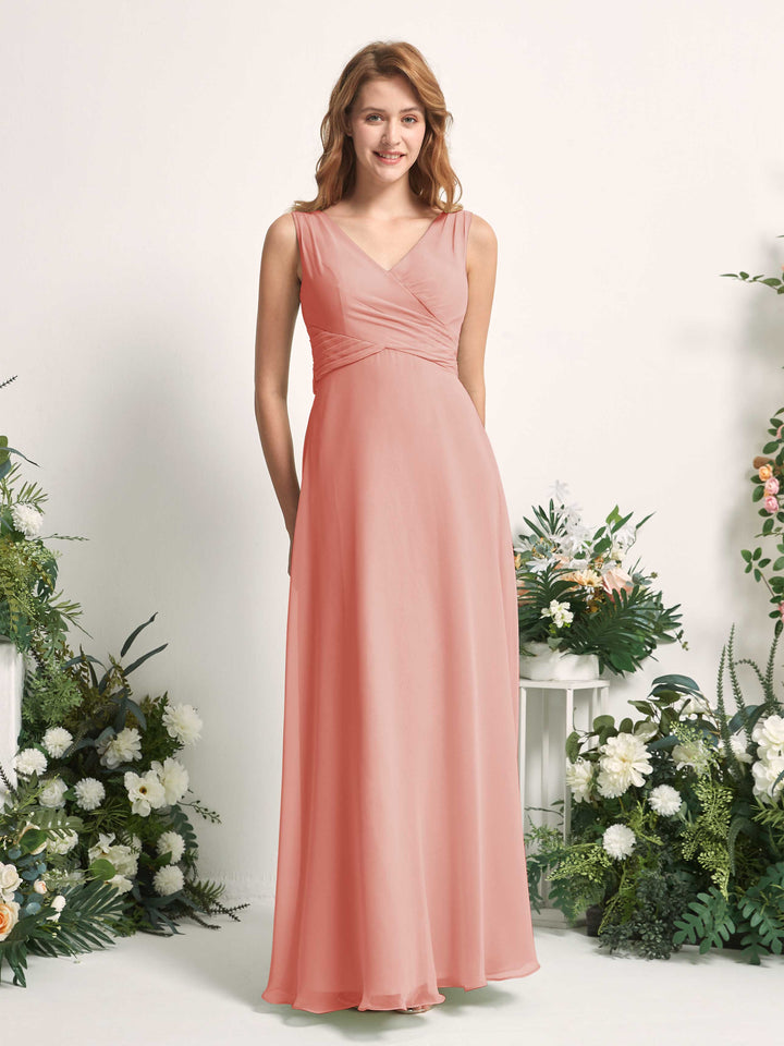 Carlyna Vestido de dama de honor línea A escote en V hasta el suelo Rosa Champán 