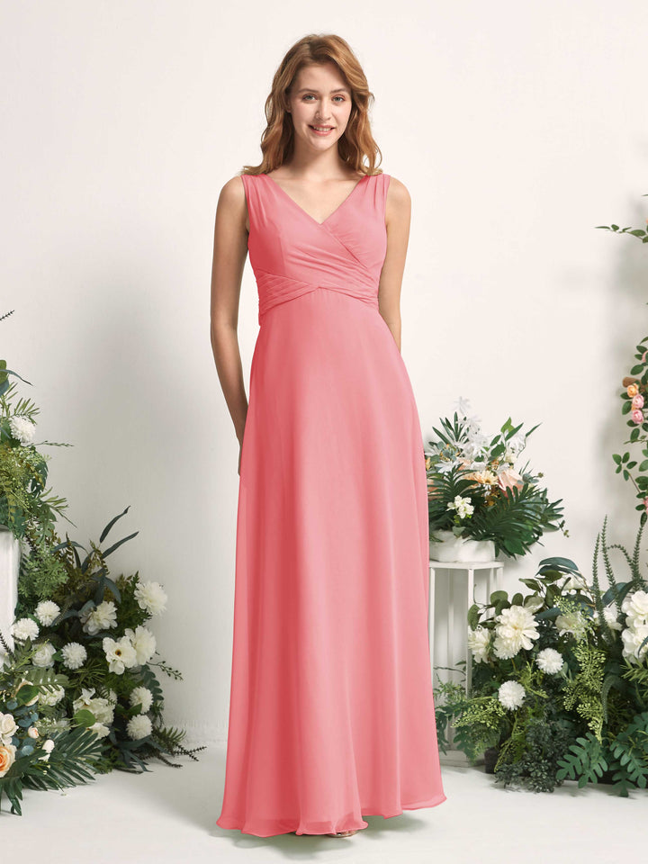 Carlyna Vestido de dama de honor línea A escote en V hasta el suelo Rosa Coral 