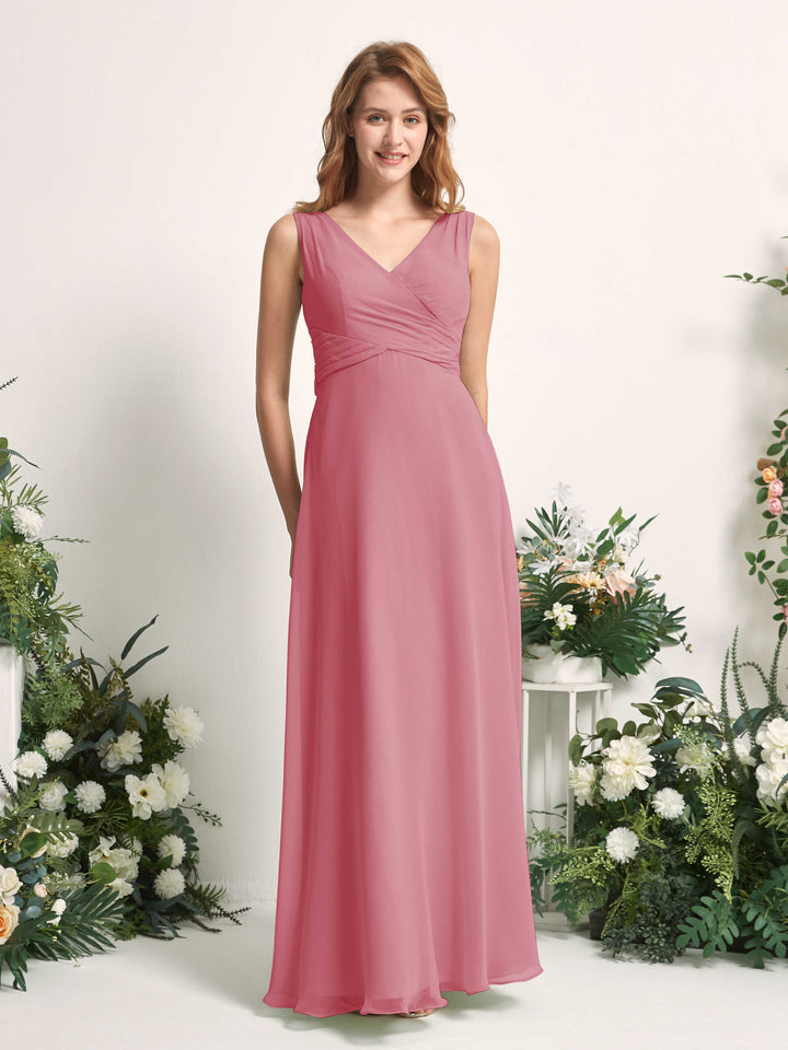 Carlyna Vestido de dama de honor línea A escote en V hasta el suelo Rosa Del Desierto 