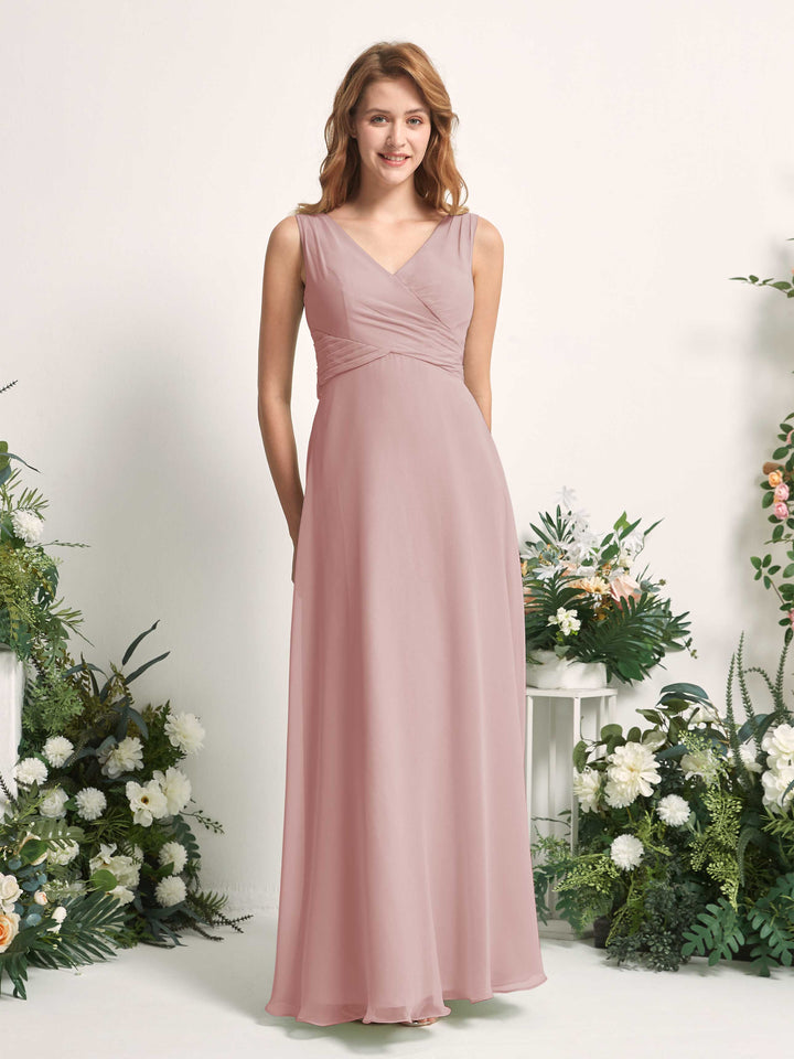 Carlyna Vestido de dama de honor línea A escote en V hasta el suelo Rosa Polvorienta 