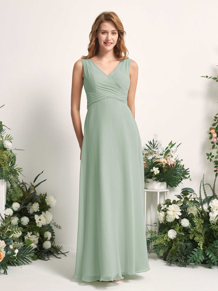 Carlyna Vestido de dama de honor línea A escote en V hasta el suelo Verde Salvia 